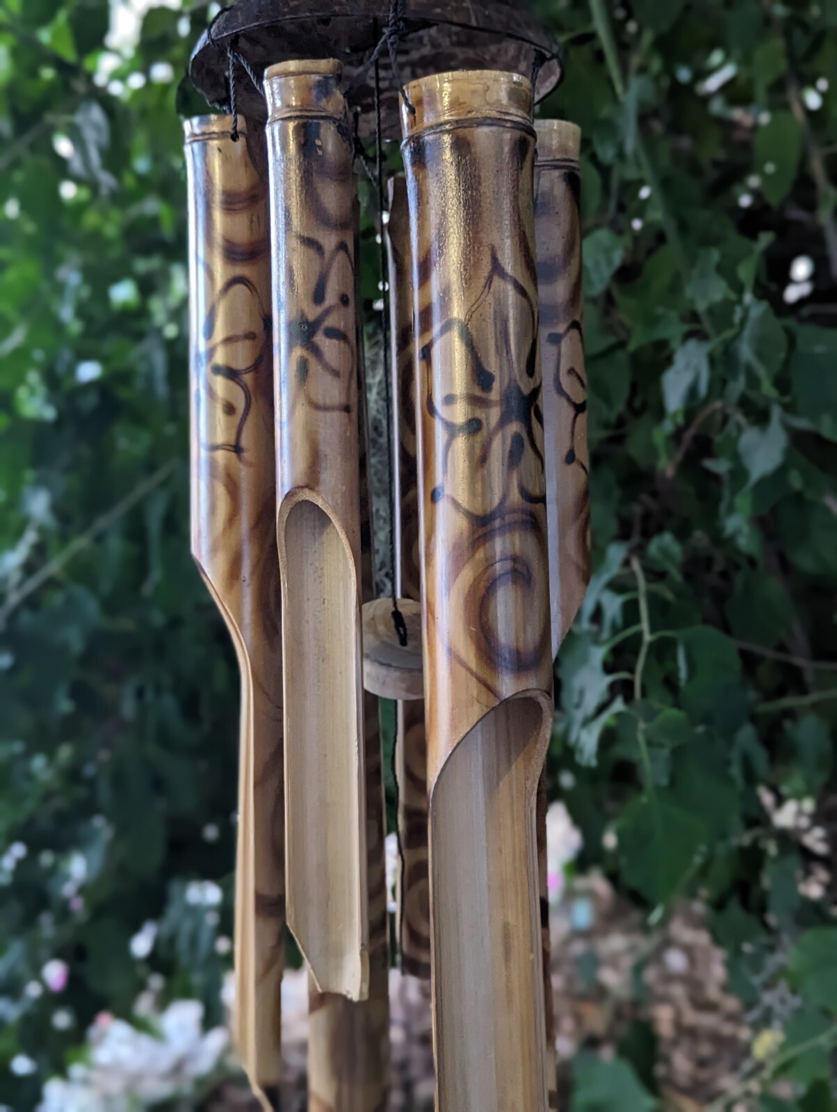 Half Coconut Bamboo  Wind Chimew/ Burned Design Tiki Bar Tropical - Eco Friendly