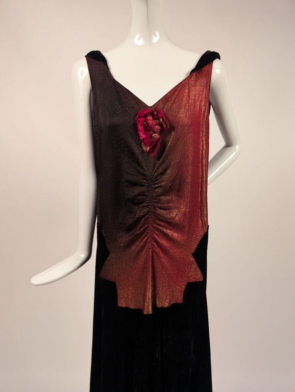 red lame dress UNUSUAL LATE 1920'S RED TO BLACK OMBRE LAME DRESS W SILK VELVET