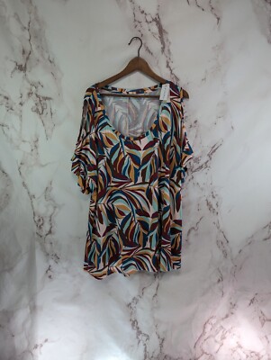Lane Bryant Top Women 22 24 3X Red Brown Blue Swing Tee Cut Out Tropical Leaf 