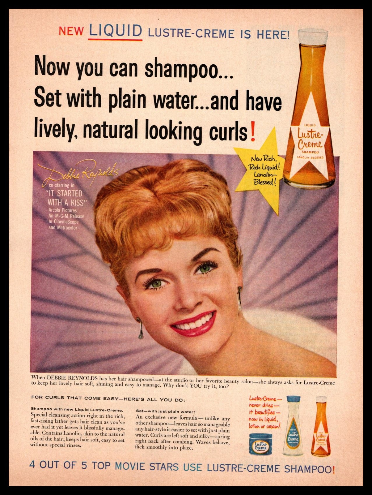 1959 Debbie Reynolds Lustre-Creme Shampoo Lanolin Blessed Vintage Color Print Ad