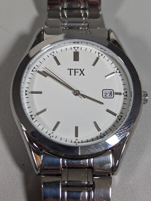TFX By Bulova White Dial Date Indicator Round Silver Tone Case Stainless Watch