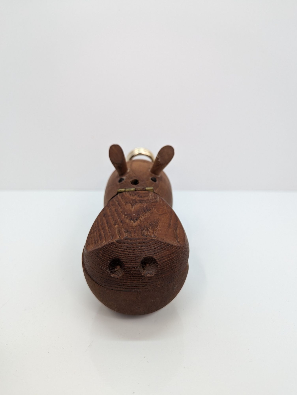 Vintage Zoo Line Teak Carved Hinged Wood Hippo Desk Accessory Organizer Japan