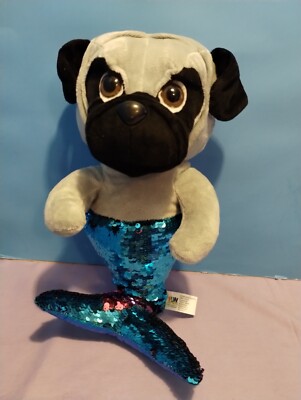 Fun Express Dog Mermaid 17'' Plush Sequin Fin Pug Puppy Stuffed Animal