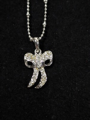 Cookie Lee Crystal Pave Bow Charm Necklace Silver Tone Pendant Dainty 14 in