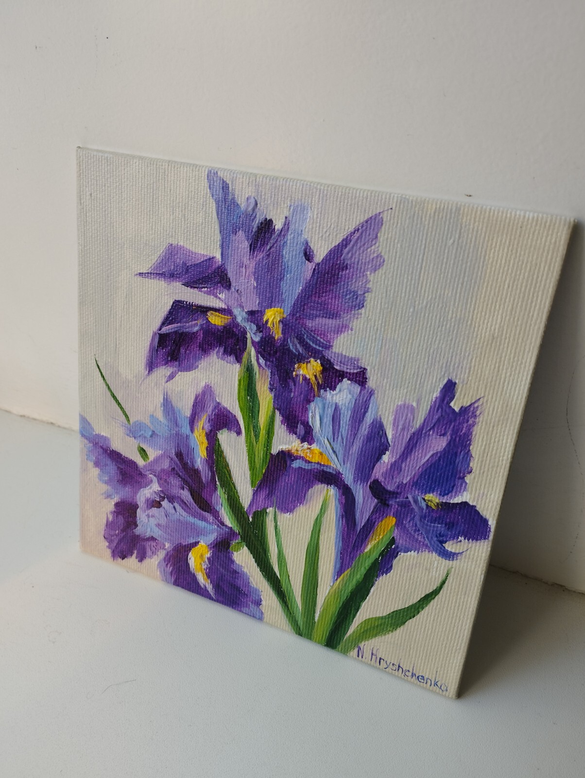 Original Oil Painting IRISES Flowers canvas on cardboad