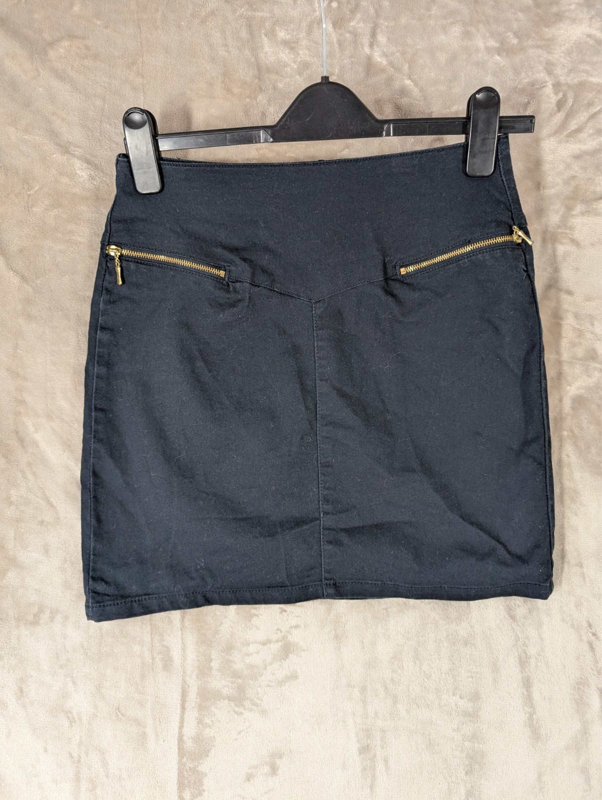 Esmara Black Mini Denim Skirt UK 12 Zip Pockets Stretch Fitted High Waist