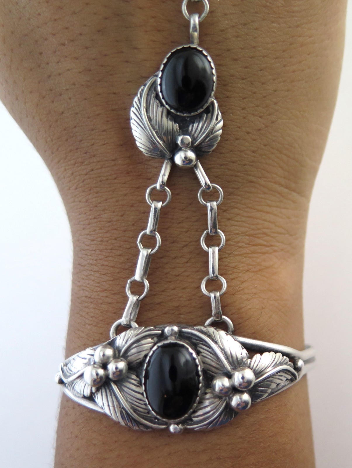 Ornate Sterling Silver with Onyx Unique Slave Bracelet - Ring Size 6