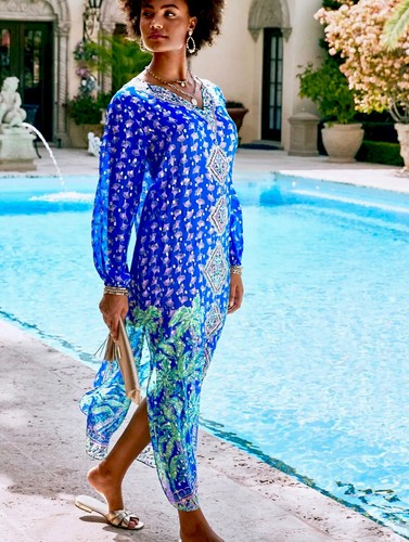 Pre-owned Lilly Pulitzer Jupiter Silk Maxi Caftan Blue Fan Favorite $548 S/m, L/xl In Multicolor