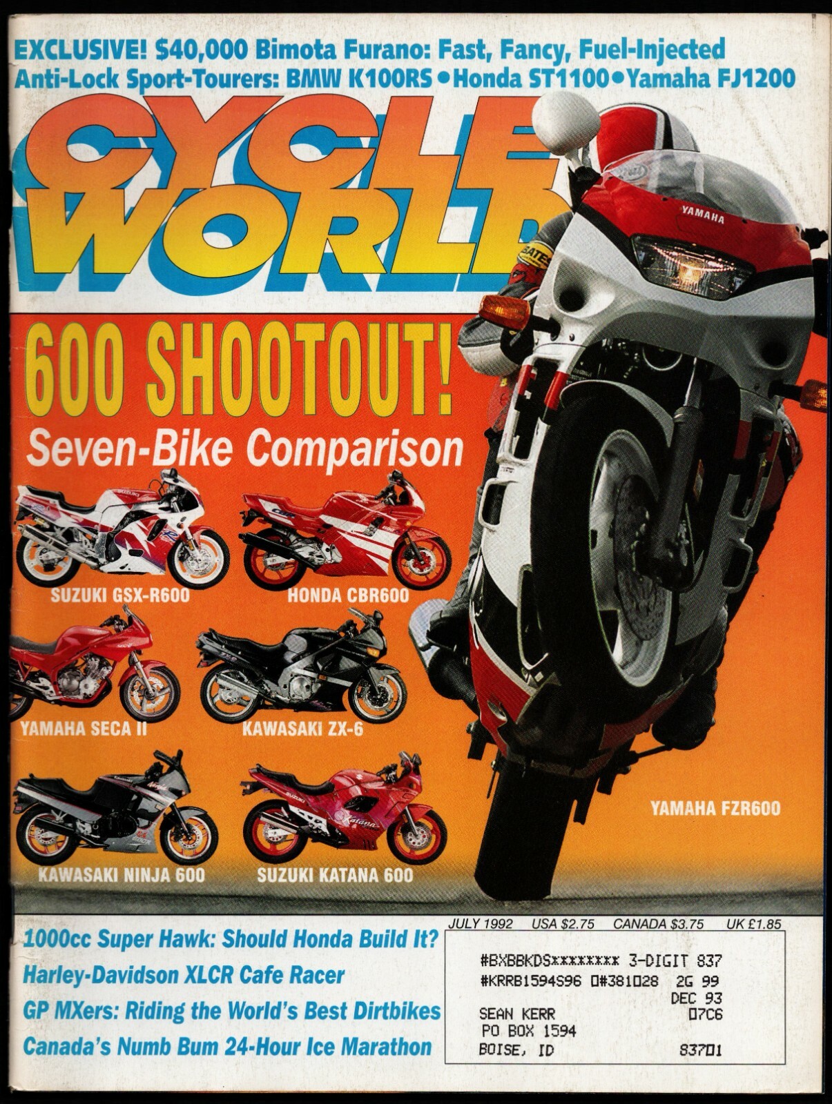 JULY 1992 CYCLE WORLD MAGAZINE, YAMAHA FZR600, SUZUKI GSX JULY 1992 CYCLE WORLD MAGAZINE, YAMAHA FZR600, SUZUKI GSX