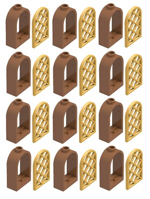  LEGO 1x2x2 2/3 Castle Reddish Brown Arch Windows & Pearl Gold Lattice Lot x12
