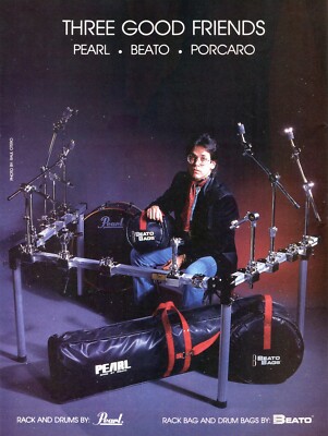 1986 Print Ad of Beato Bags & Pearl Drum Hardware w Jeff Porcaro TOTO