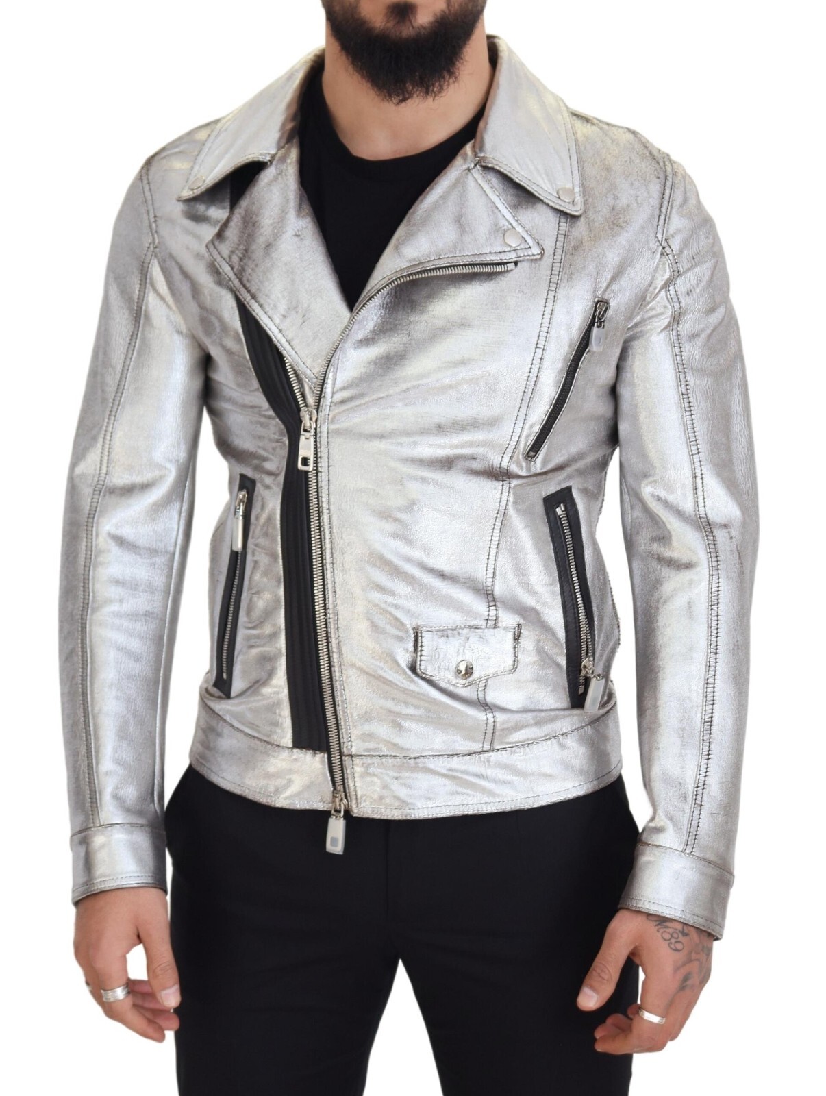 レア DOLCE&GABBANA 羊毛 コート レザー DOLCE & GABBANA Jacket Silver Leather Biker Coat Lambskin