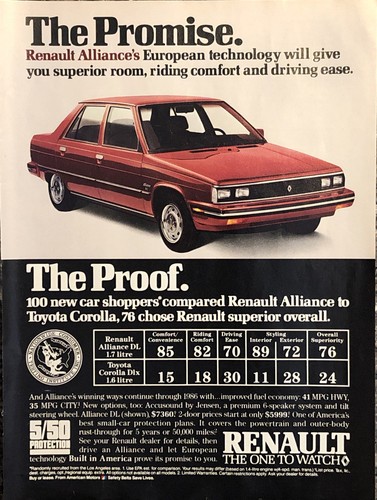 1986 Renault Alliance PRINT AD Promise & Proof Europeon