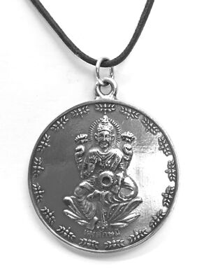 Lakshmi Hindu Goddess Unisex Pewter Pendant Charm on Linen Cord Necklace