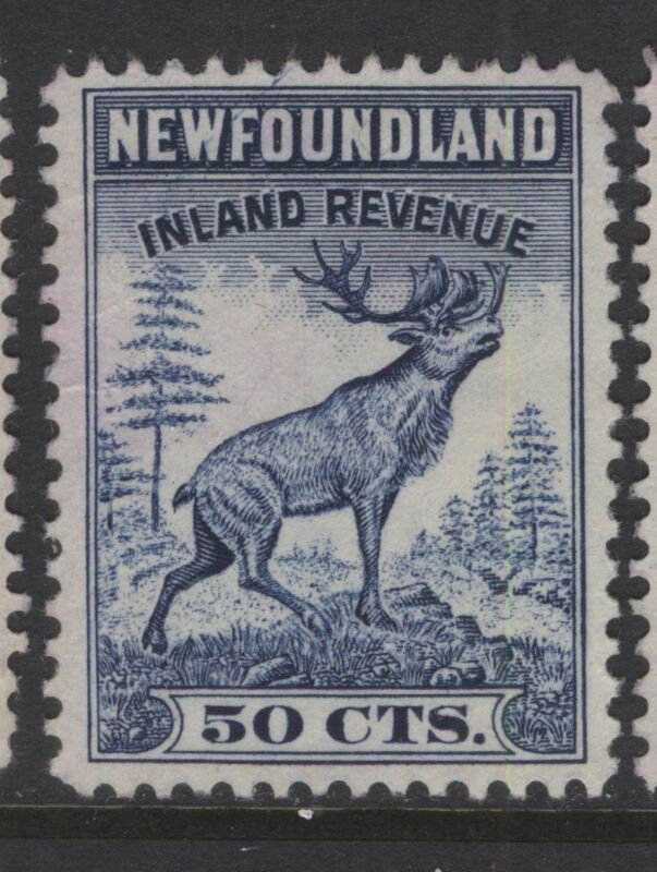 NEWFOUNDLAND NFR39 1942 50c BLUE WOODLAND CARIBOU INLAND REVENUE STAMP USED 