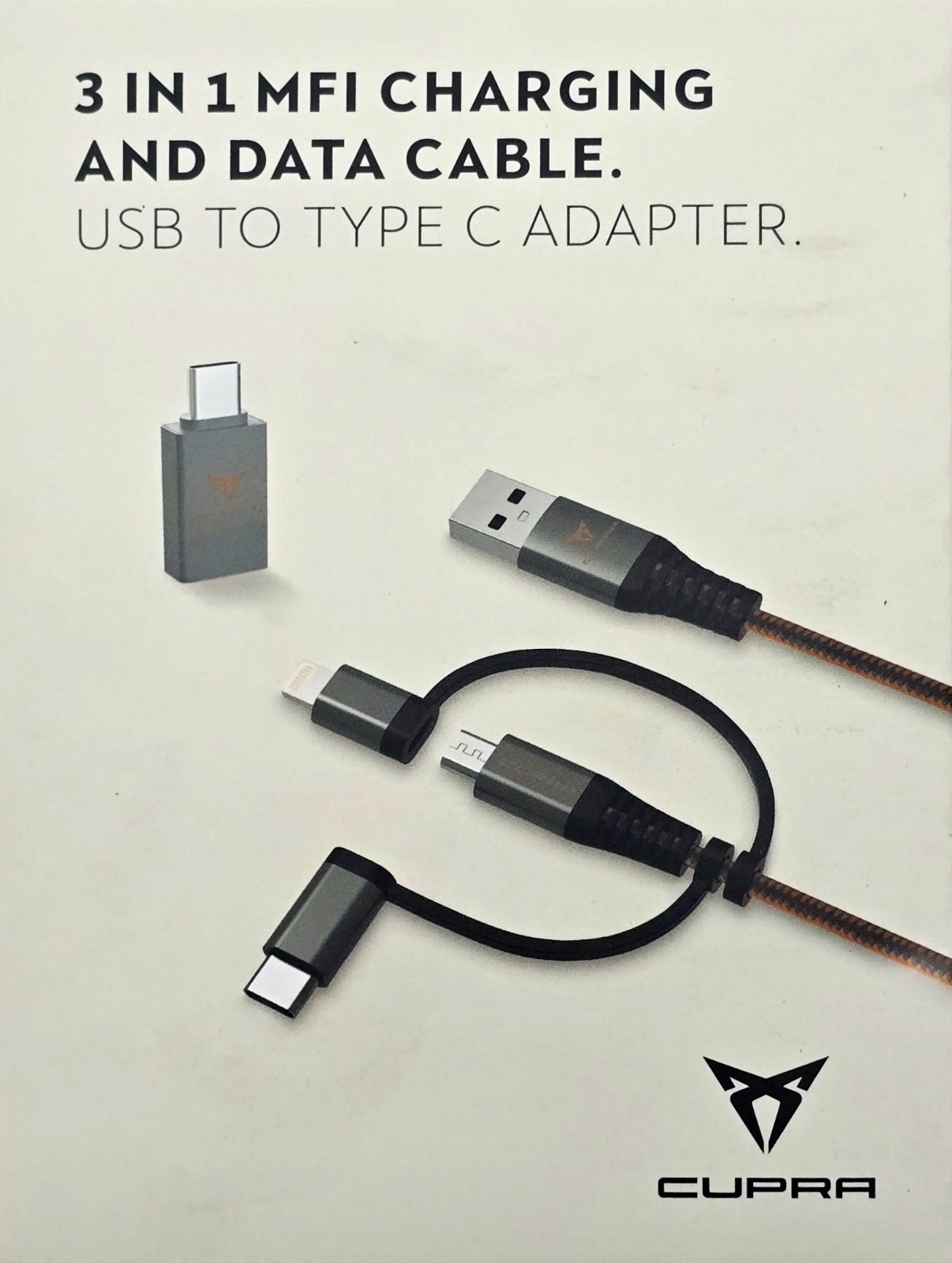 Original CUPRA 3in1 Ladekabel USB-C 8-Poiig Micro-USB Datenkabel 1m 000051444AR