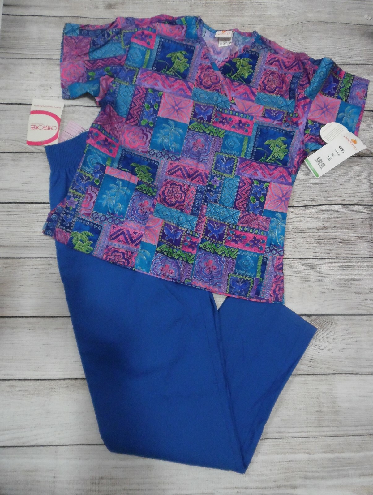 NWT! Peaches Scrub XS Top; Cherokee XS Scrub Bottoms- Set XSmall 6 8 Malibu Blue