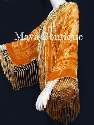 Pre-owned Maya Matazaro Orange Kimono Silk Burnout Velvet Fringe Jacket Short  Made In Usa