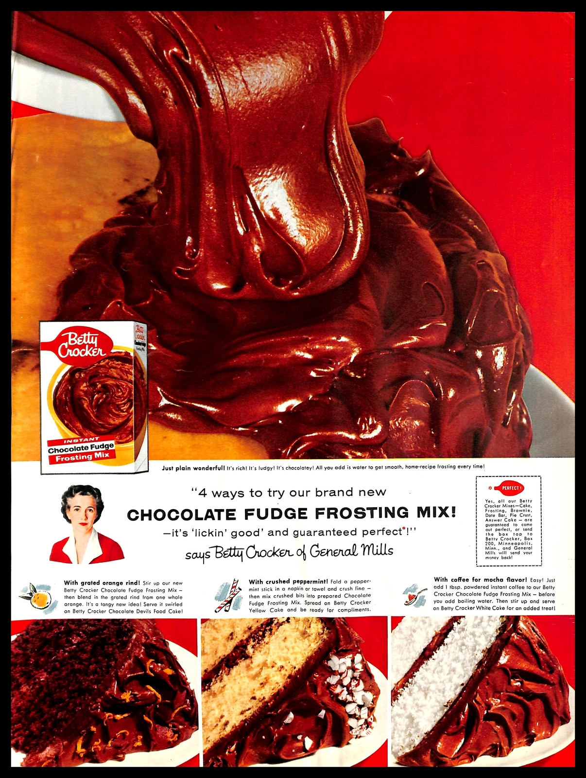 1956 Betty Crocker Chocolate Fudge Frosting Mix Vintage PRINT AD Baking