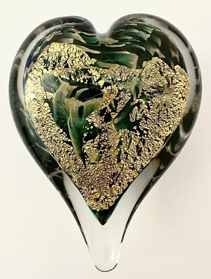 Opal Art Glass 23K Gold & Black Heart Shaped Paperweight Hand Crafted Signed