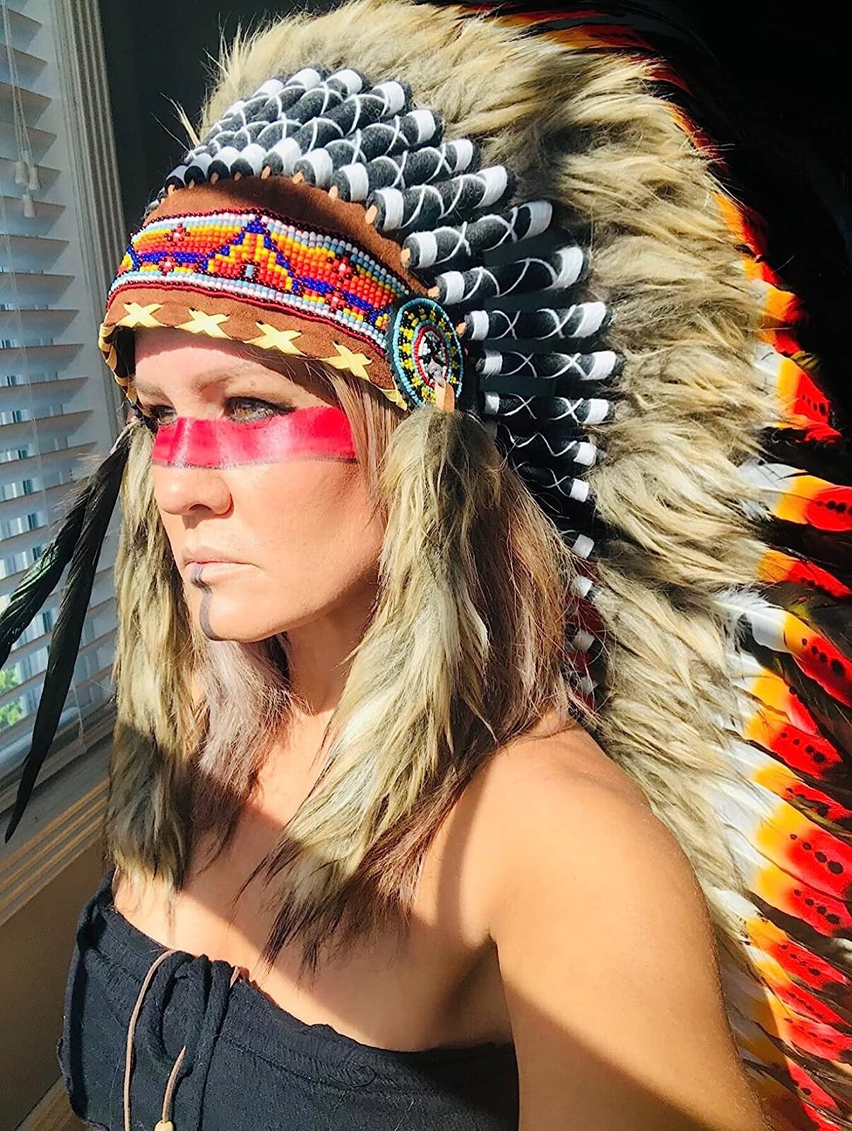 Pre-owned Handmade Native American Indian Inspired Feather Headdress Tribal Halloween Costume Props In Multi-color