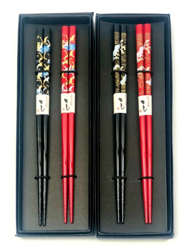 Lot of 2 i Black Red Bamboo Chinese Chopsticks Gift Set 2-Pack Each 8 in Total