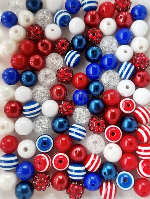100 Pcs 12mm 4th of July Mixed Acrylic Bead, Bubblegum Beads, Chunky Bead #1211