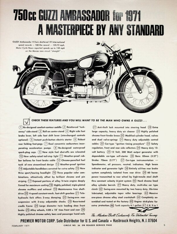 1971 Moto Guzzi Ambassador 750cc V-Twin - Vintage Motorcycle Ad