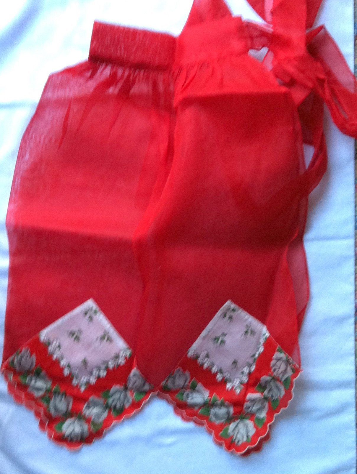 Vintage Red Sheer 1950's Half Apron w/Handkerchief Trim  Good Condition
