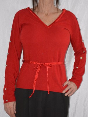alain manoukian red deep v neck sweater wool smashing stunning rich size SMALL