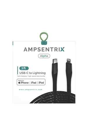 Ampsentrix 3 Ft MFI-Certified Lightning To USB Type C Cable. Black Braided. 