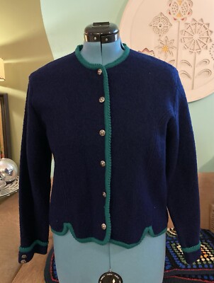 Vintage NOS Cardigan Tally-Ho Pollak.Import Blue Green 100% Wool Sweater Sz 12