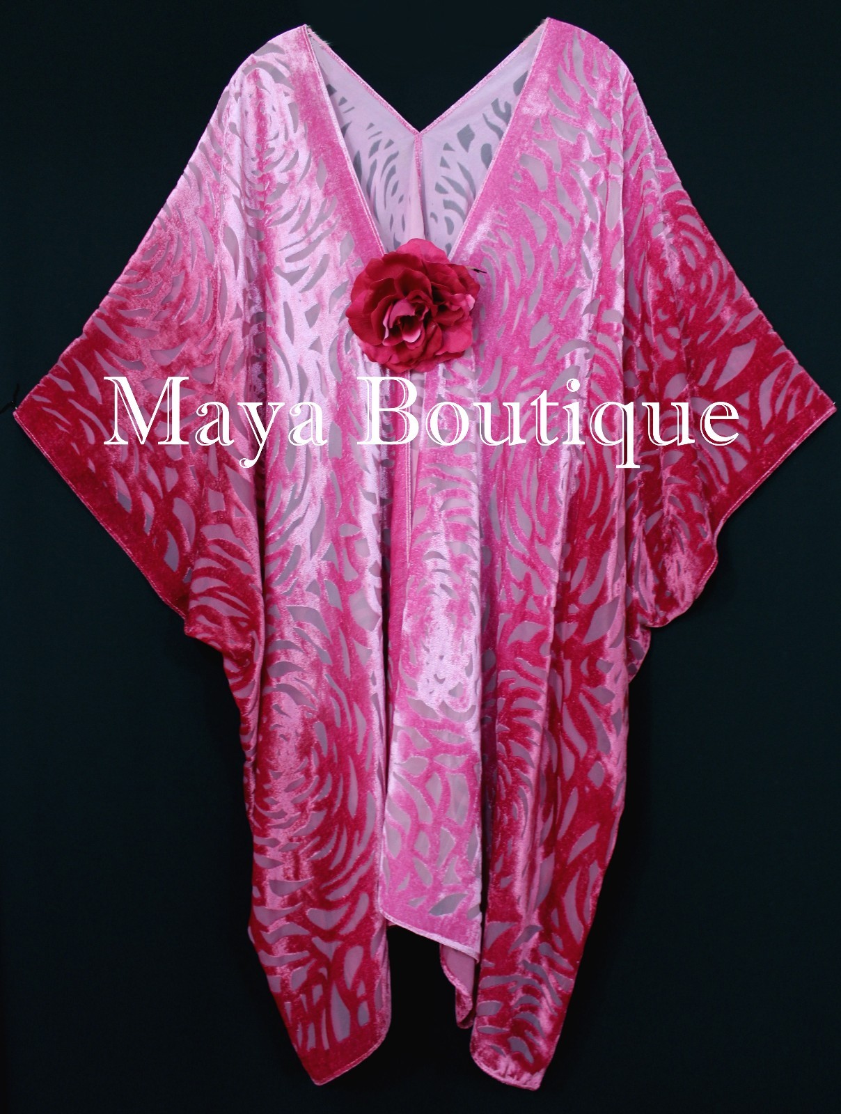 Pre-owned Maya Matazaro Pink Ombre Camellia Burnout Velvet Caftan Kimono Duster Hand Dyed