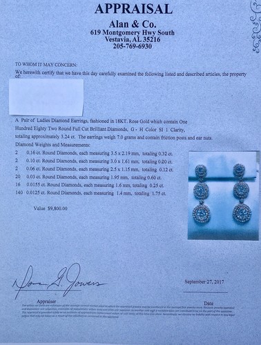 $9800  3.24 CT 18k rose gold drop dangle diamond earrings, G-H color, SI 1, 7g