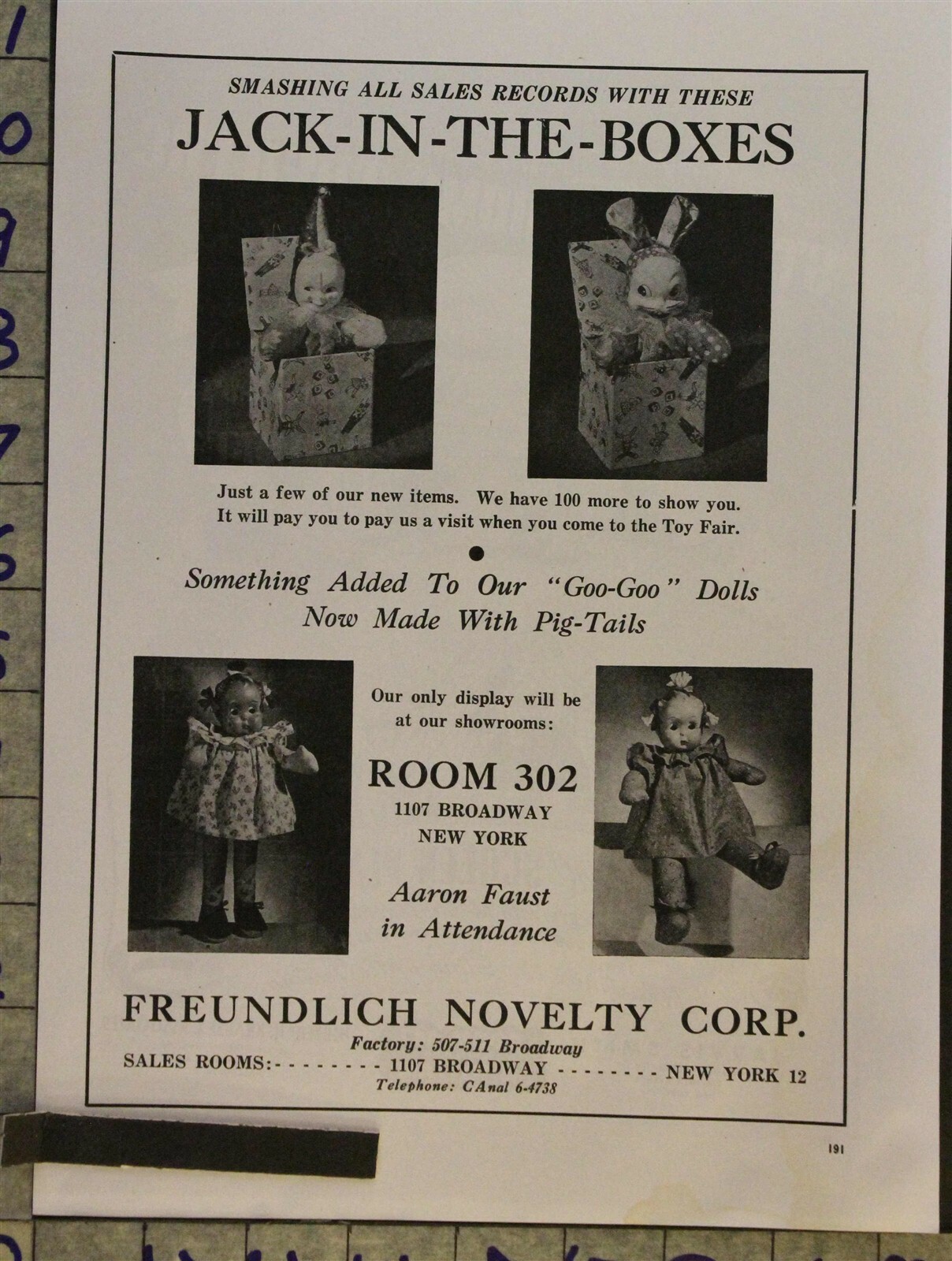 1946 VINTAGE GOO-GOO DOLL JACK-IN-BOX GOOGLE EYE FREUNDLICH