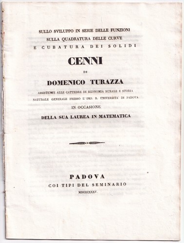 1835 Padova Domenico Turazza laurea matematica curve trigonometria differenziale - Picture 1 of 2