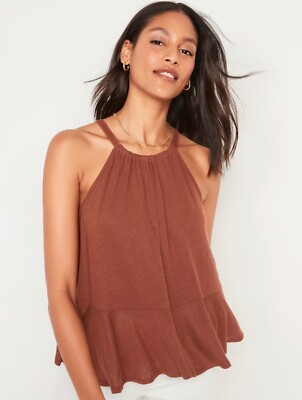 Old Navy Womens Size Small ~ Linen-Blend Peplum Halter Swing Top .. $25 .. Brown