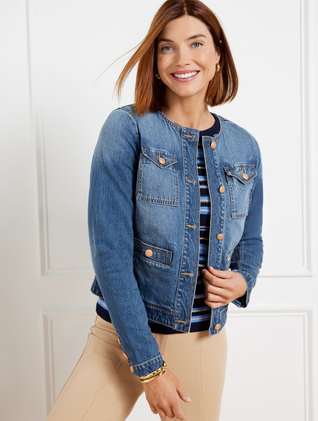 Collarless Jean Jacket at Talbots, NWT $119, All size a
