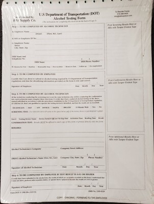 US DOT Alcohol Testing Form, 3-Ply Carbonless Snap-Out Format (Pack of 100)