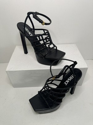 Versace Greca Maze Greek Key Black Strappy Platform Sandals Pumps $1275