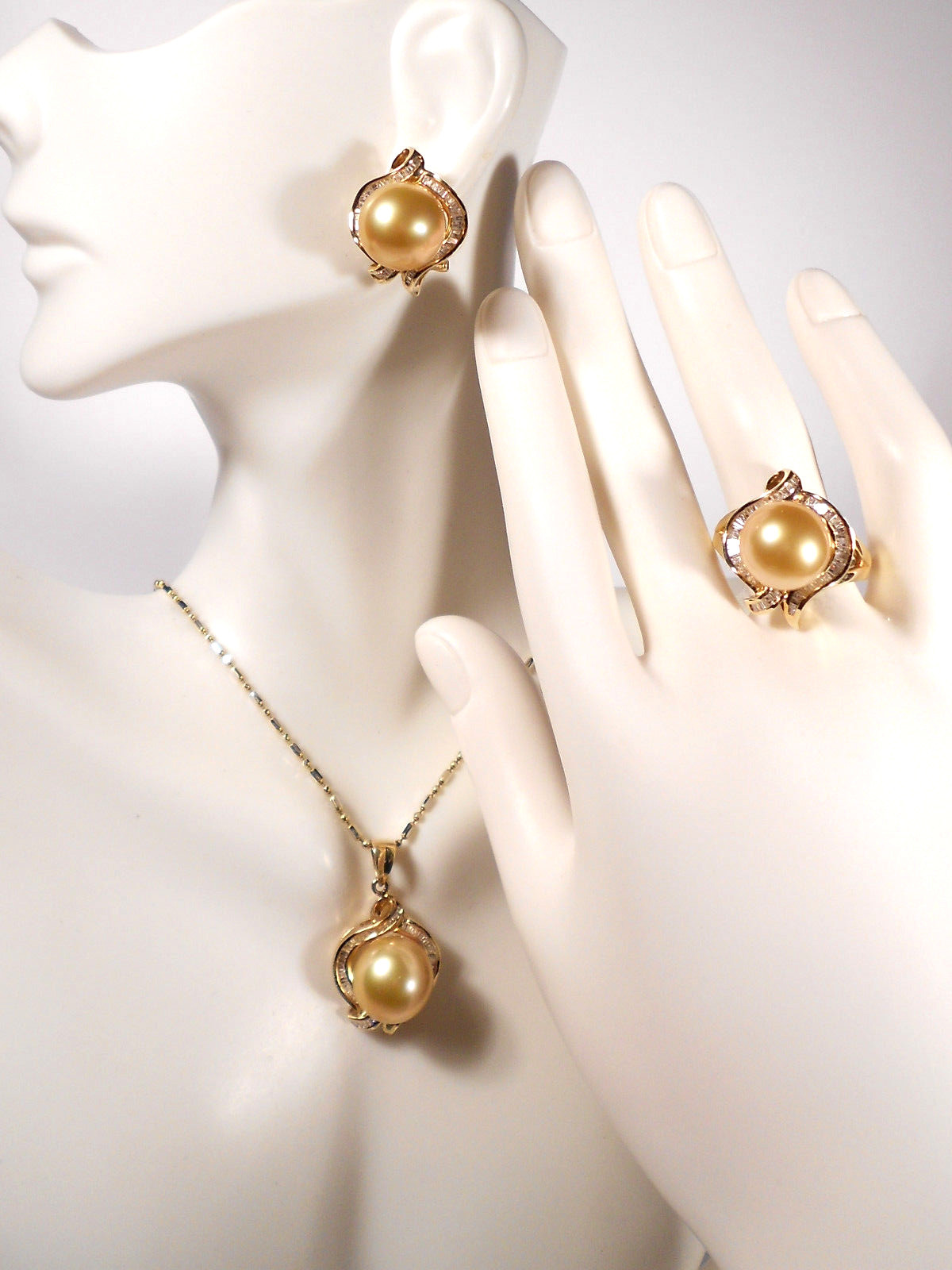 golden South Sea pearl set(ring,earrings,pendant),diamonds,solid 14k yellow gold