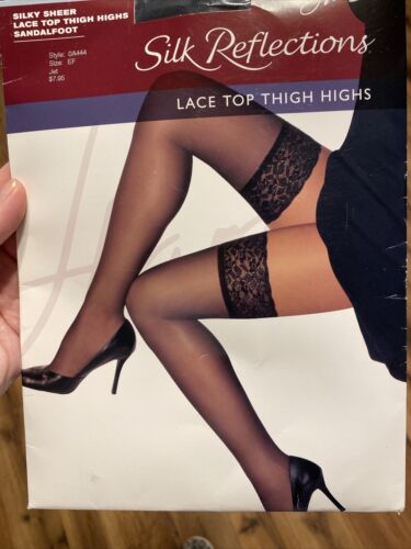 Hanes Silk Reflections Jet Lace-Top Thigh-High Pantyhose - Siz...
