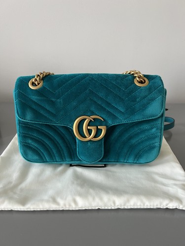 Gucci GG Marmont Shoulder Bag Small Green Blue Velvet Receipt