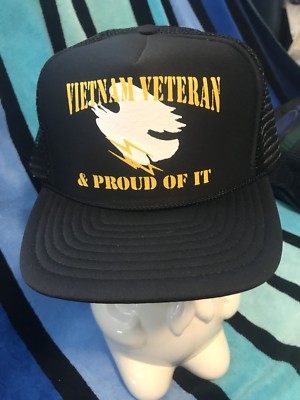 NOS Vtg VIETNAM VETERAN & PROUD OF IT w/EAGLE Trucker Mesh Snapback Hat BLACK