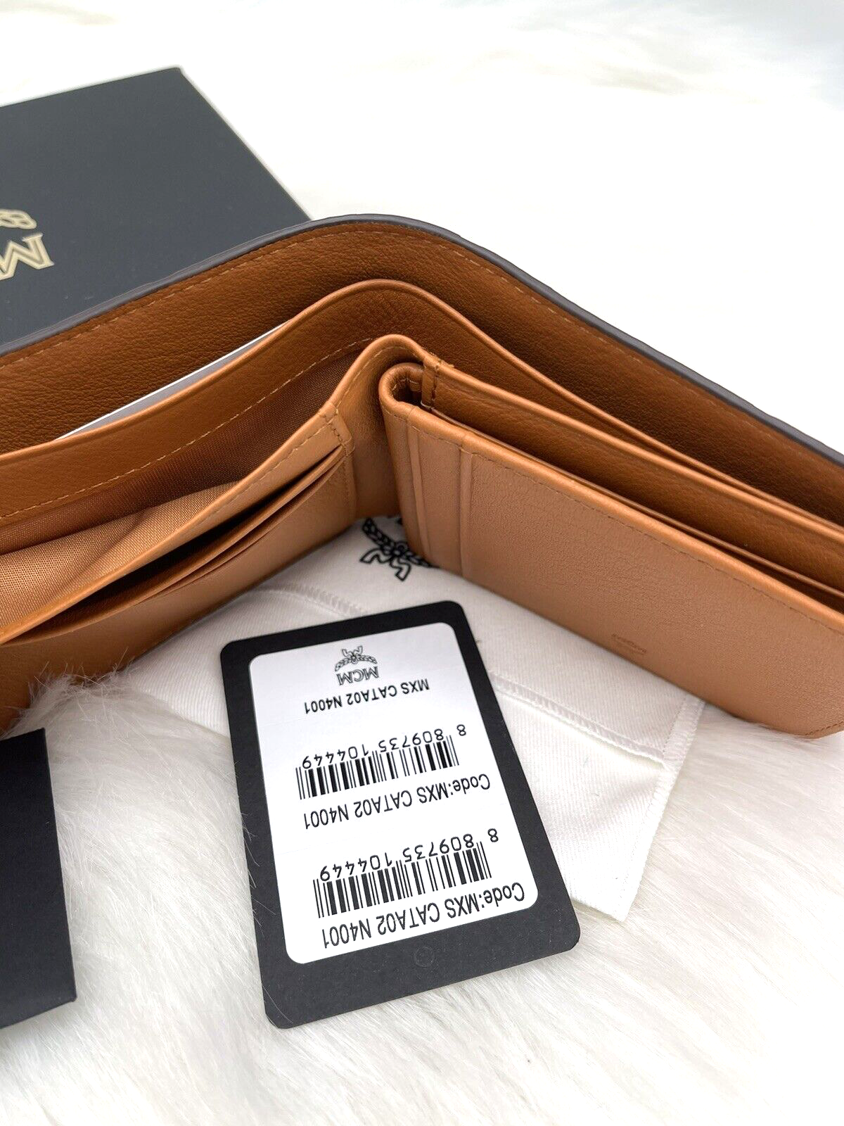 Pre-owned Mcm Auth  Portuna Embossed Monogram Bifold Leather Wallet With Case Case In Roasted Pecan