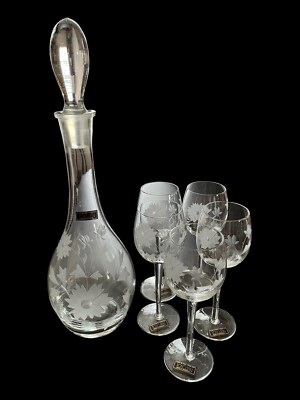 Vintage Toscany Glass Wine Decanter 16  Etched Floral Design Stopper + 5 Glasses