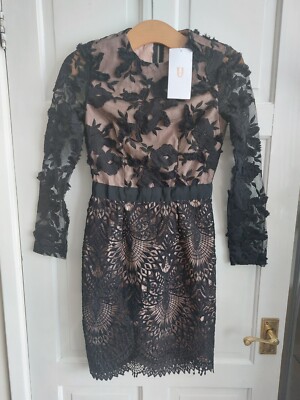 Forever Unique Uk 6 Black With Beige Lining Lacy Applique Dress