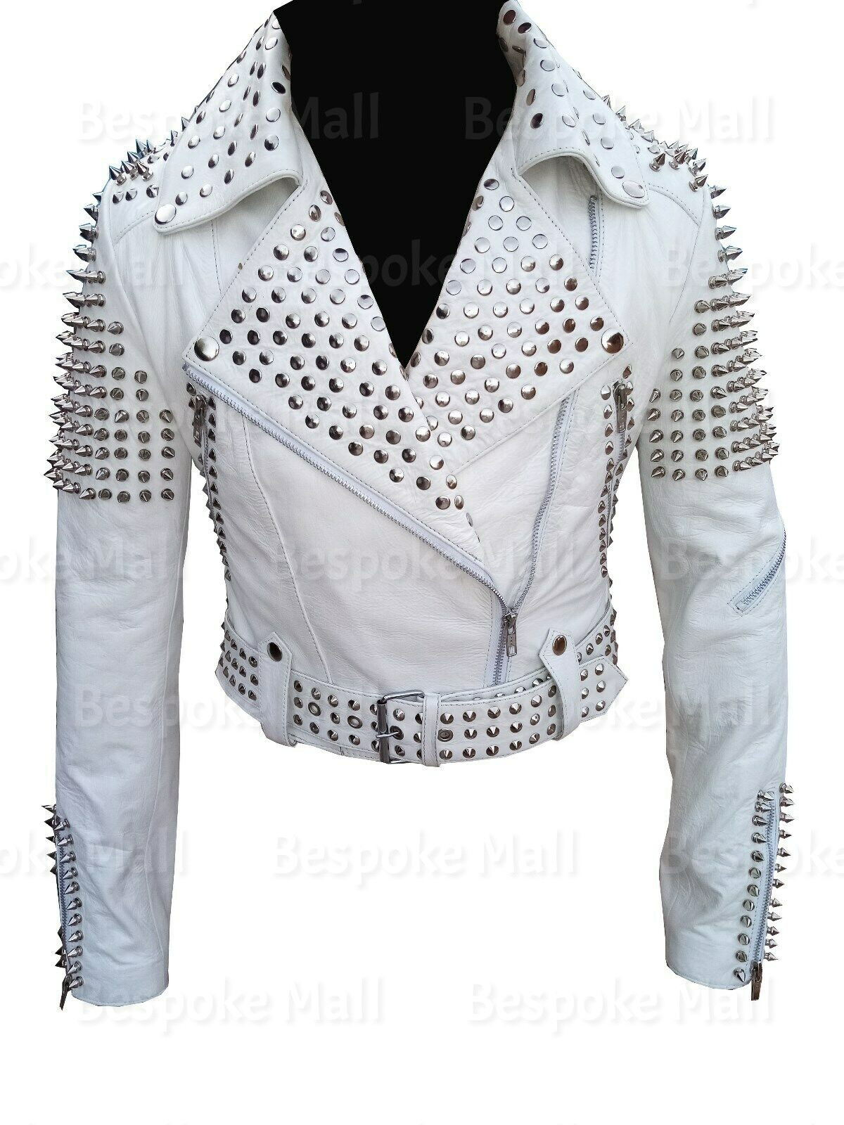 Pre-owned Handmade Woman's Silver Spiked Studded Brando Style Cowhide Biker Leather Jacket-286 In White