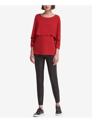 

DKNY Женская красная блузка с рюшами и вырезом лодочкой с рукавами 3/4 Размер, Красный