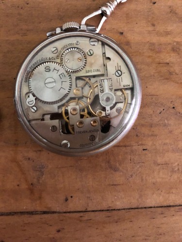 1940's Girard-Perregaux Shell Oil Skeleton Pocket Watch & Fob chain.